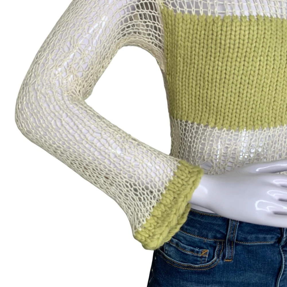 Klesis Crop Top Crochet Long Sleeve Beige Green Size S